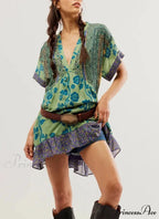 Warm Bohemian Babydoll Flower Pattern V-Neck Dress