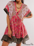 Warm Bohemian Babydoll Flower Pattern V-Neck Dress