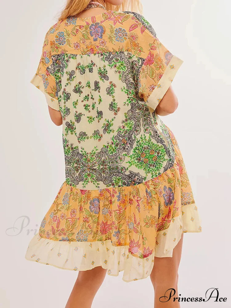 Warm Bohemian Babydoll Flower Pattern V-Neck Dress