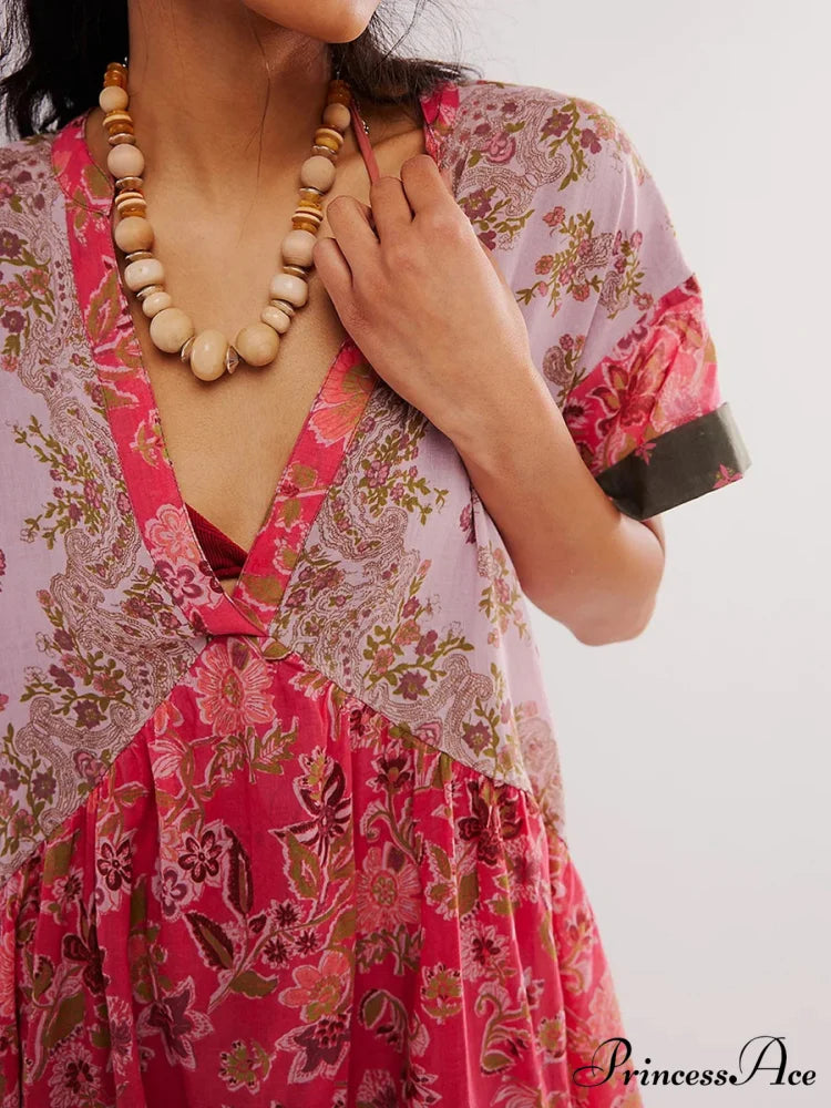 Warm Bohemian Babydoll Flower Pattern V-Neck Dress
