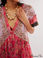 Warm Bohemian Babydoll Flower Pattern V-Neck Dress