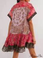 Warm Bohemian Babydoll Flower Pattern V-Neck Dress