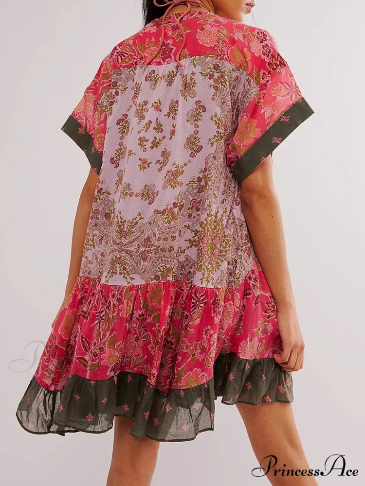 Warm Bohemian Babydoll Flower Pattern V-Neck Dress