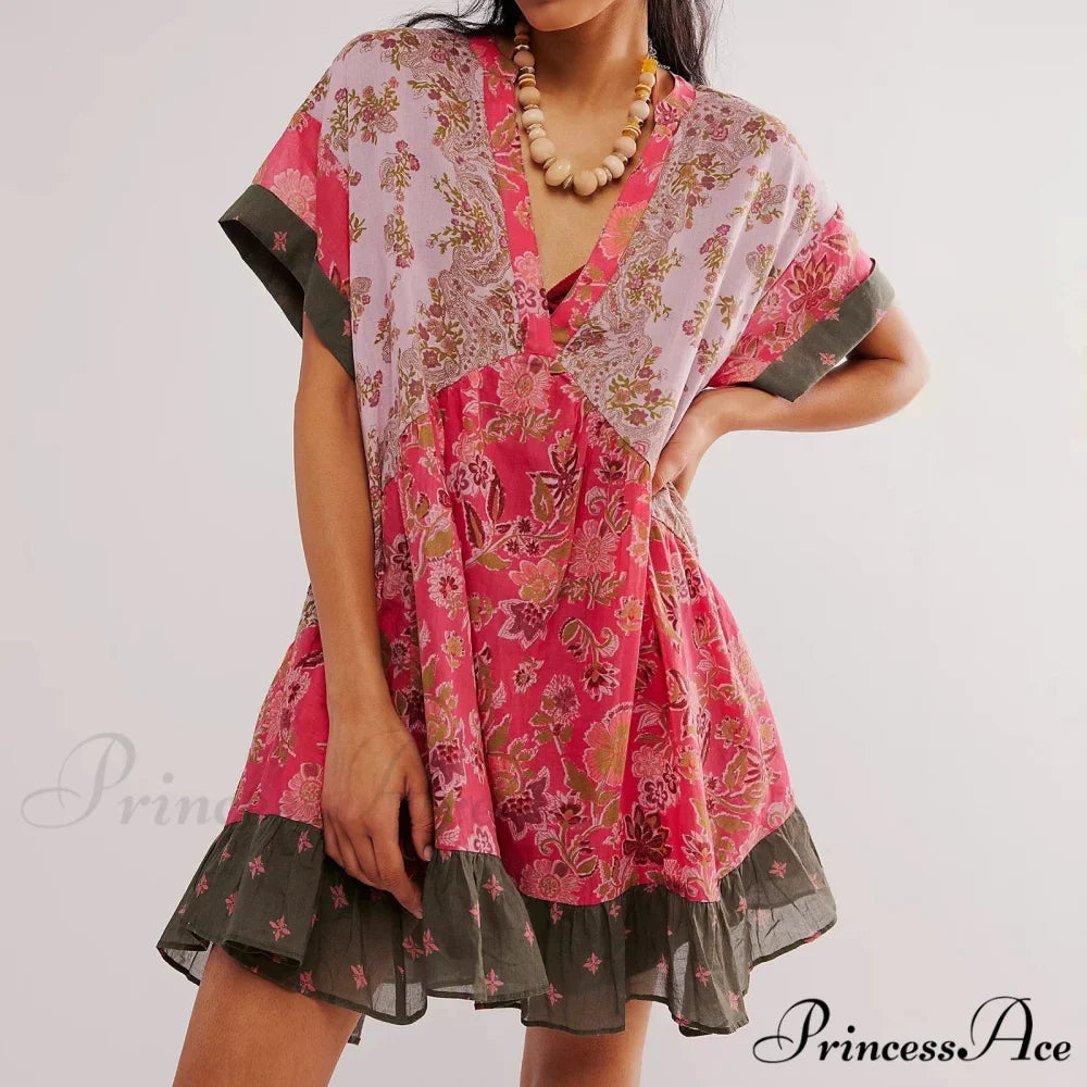 Warm Bohemian Babydoll Flower Pattern V-Neck Dress