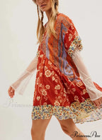 Warm Bohemian Babydoll Flower Pattern V-Neck Dress