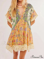 Warm Bohemian Babydoll Flower Pattern V-Neck Dress