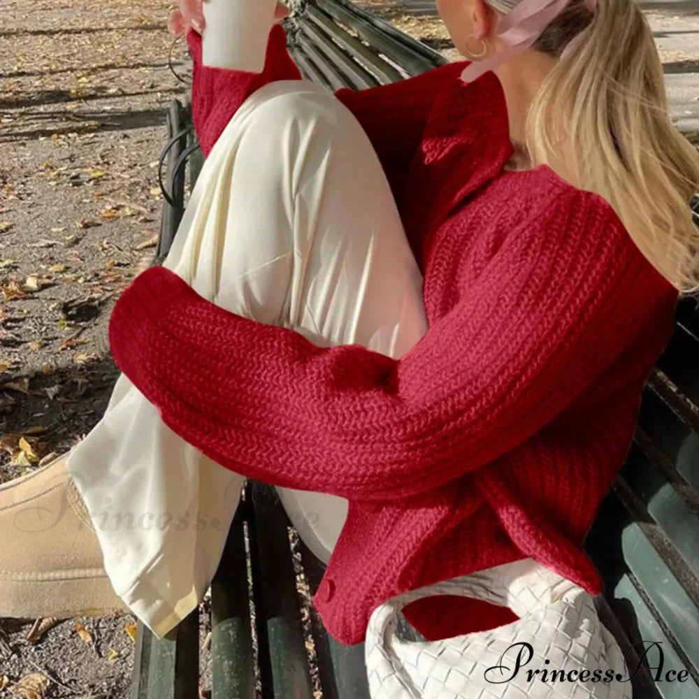 Warm Chunky Knit Long Sleeve Red Cardigan