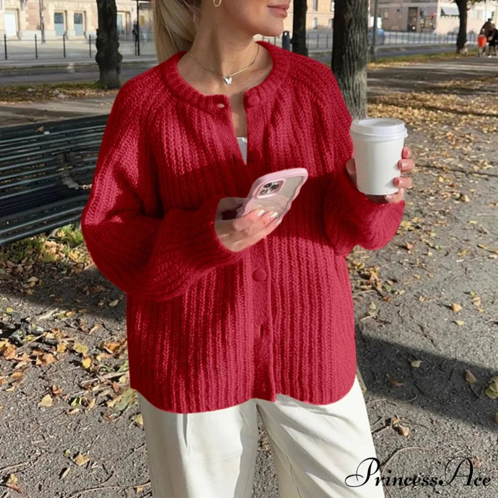 Warm Chunky Knit Long Sleeve Red Cardigan
