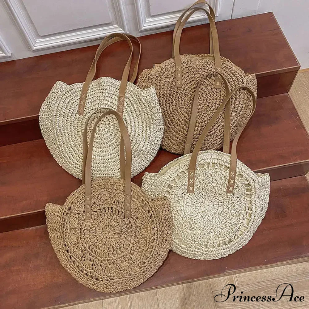Warm Circular Straw Shoulder Bag for Women
