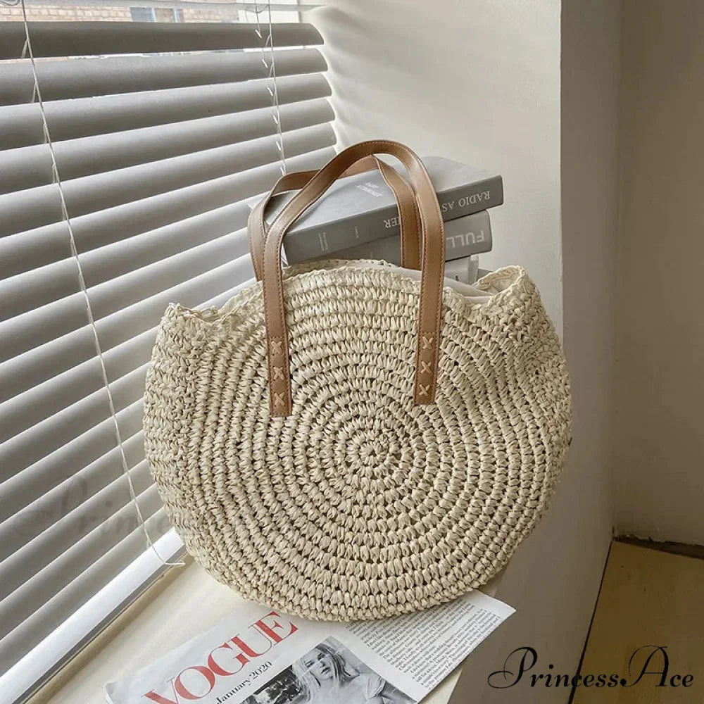 Warm Circular Straw Shoulder Bag for Women