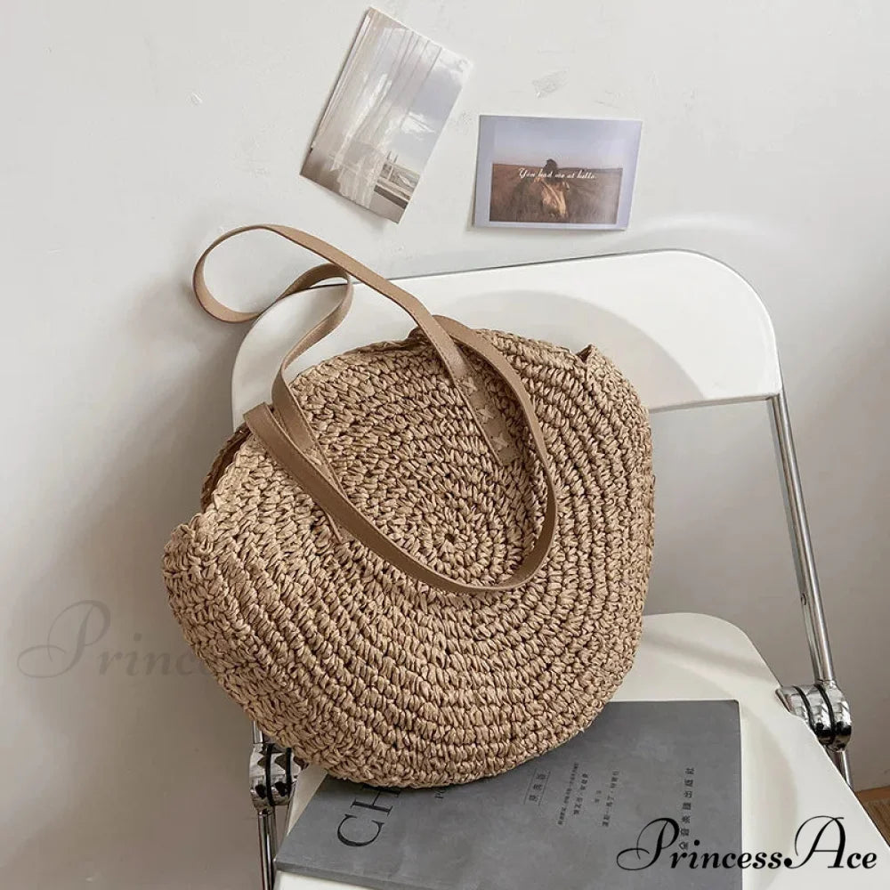 Warm Circular Straw Shoulder Bag for Women