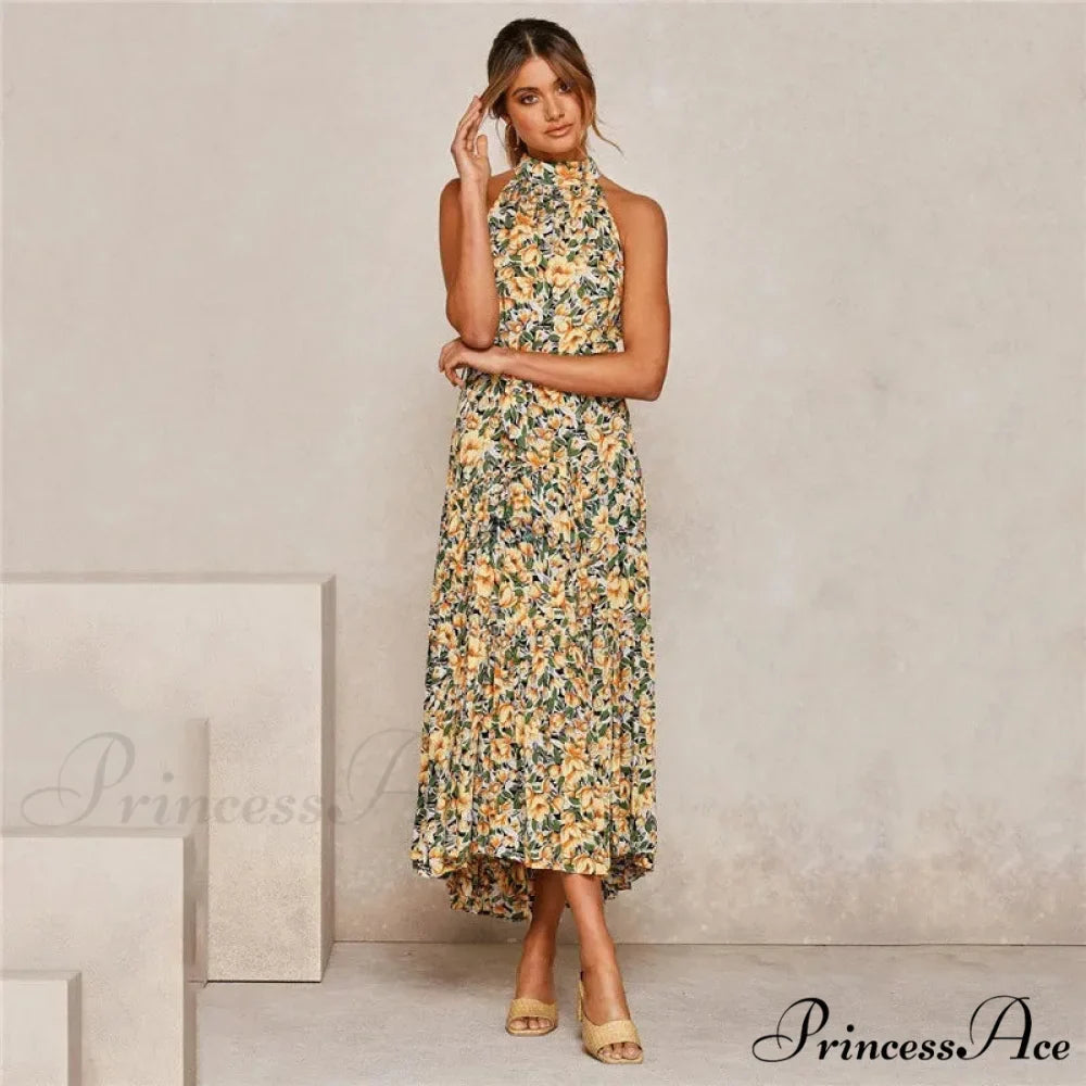 Warm Flower Pattern Halter Neck Seaside Flower Dress