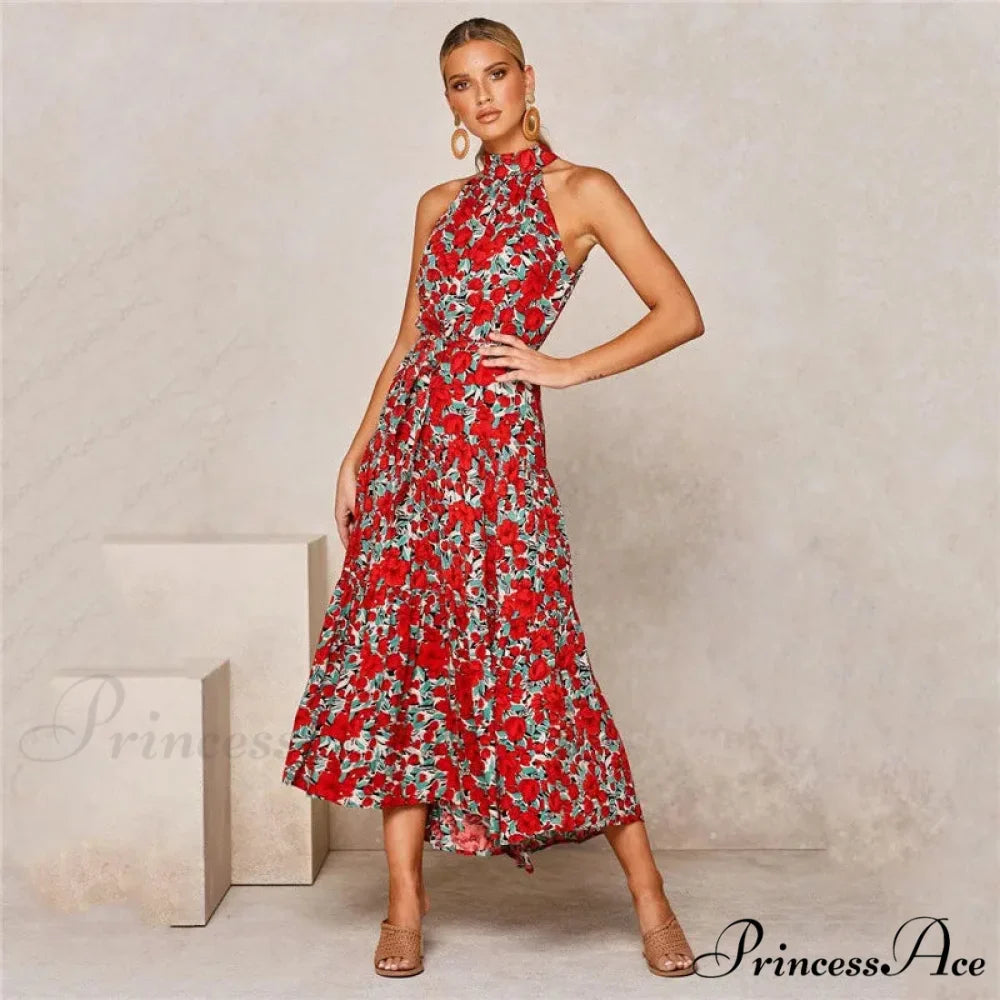 Warm Flower Pattern Halter Neck Seaside Flower Dress