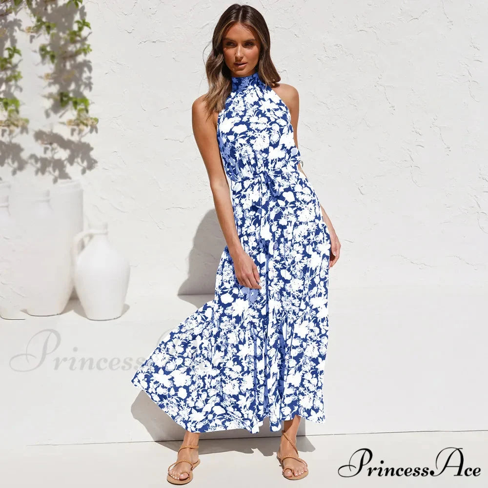 Warm Flower Pattern Halter Neck Seaside Flower Dress