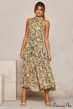 Warm Flower Pattern Halter Neck Seaside Flower Dress
