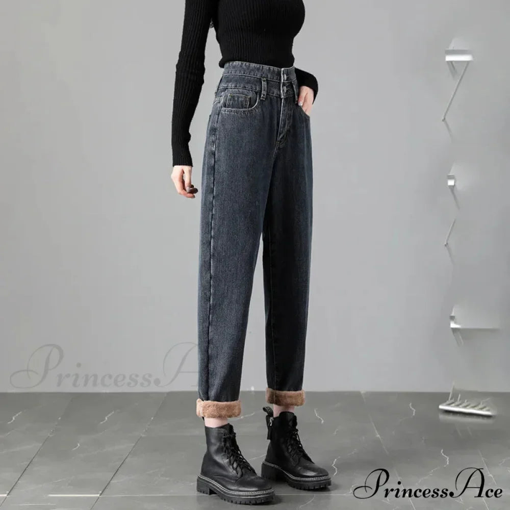 Warm Harem Thicken High Waist Vintage Loose Wide-leg Fleece Denim Jean