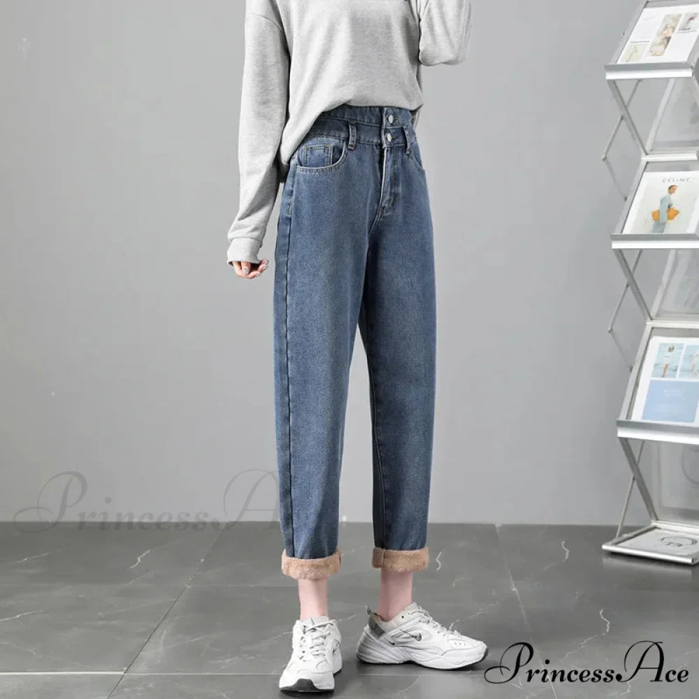 Warm Harem Thicken High Waist Vintage Loose Wide-leg Fleece Denim Jean