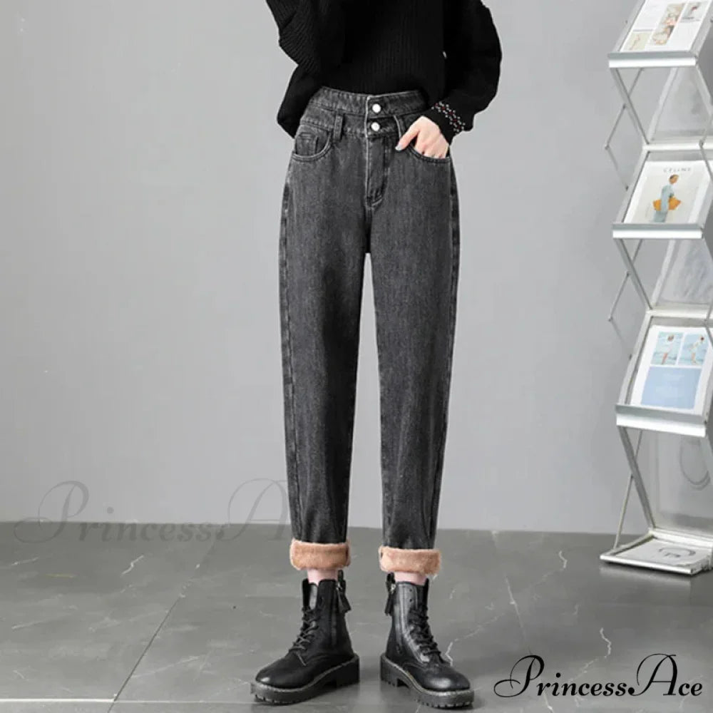 Warm Harem Thicken High Waist Vintage Loose Wide-leg Fleece Denim Jean