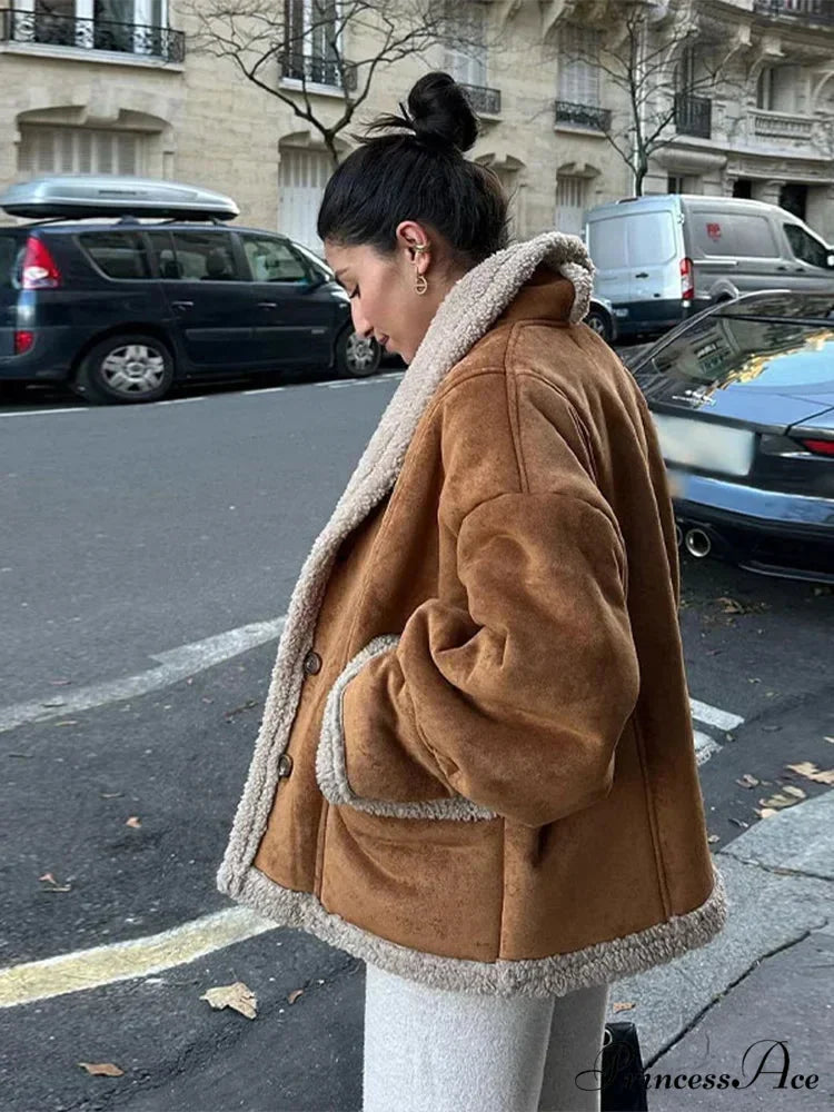 Warm Lamb Wool Casual Lapel Single-breasted Thickened Pocket Winter Stylish Coat