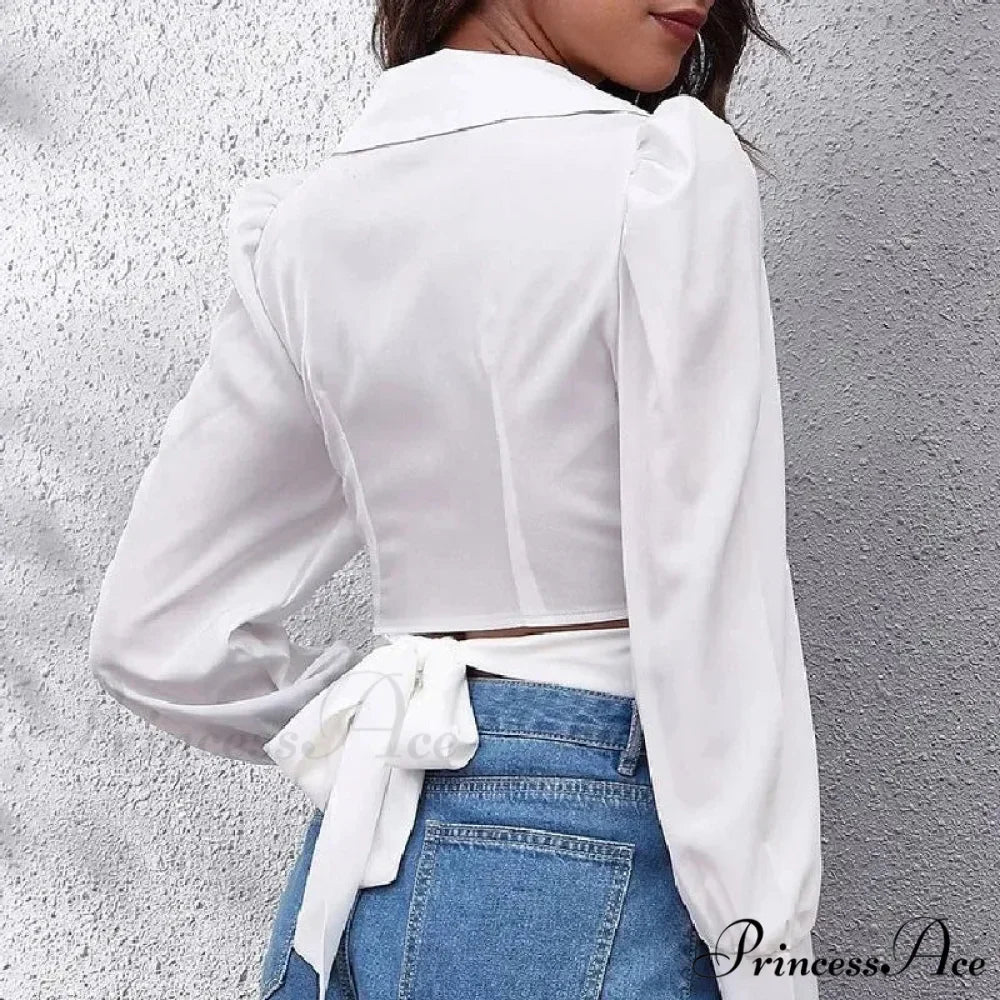 Warm Puff Extended Sleeve Cropped Lace-up Blouse