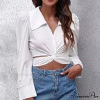 Warm Puff Extended Sleeve Cropped Lace-up Blouse