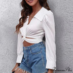 Warm Puff Extended Sleeve Cropped Lace-up Blouse