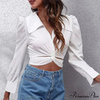 Warm Puff Extended Sleeve Cropped Lace-up Blouse