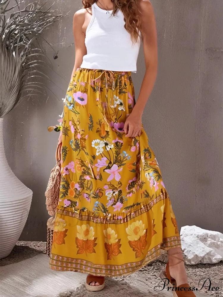 Warm Yellow Floral Pattern Fringe Seaside Free-Spirited Rayon Boho Skirt