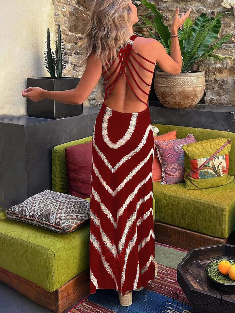 Wave Print Tie Charming Back Stretch Maxi Dress