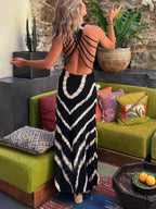 Wave Print Tie Charming Back Stretch Maxi Dress