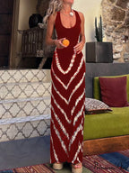 Wave Print Tie Charming Back Stretch Maxi Dress
