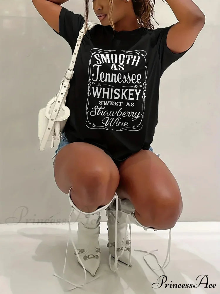 Whiskey Letter Print Sleeve Spring&Summer Crew Neck Women's Casual Tee T-shirt