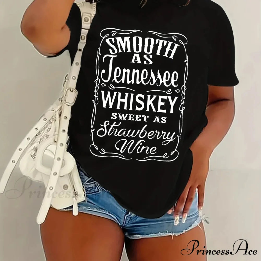 Whiskey Letter Print Sleeve Spring&Summer Crew Neck Women's Casual Tee T-shirt