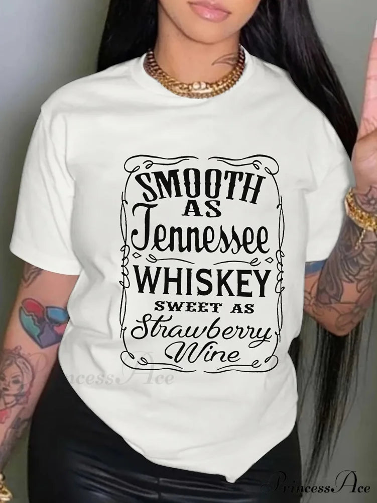Whiskey Letter Print Sleeve Spring&Summer Crew Neck Women's Casual Tee T-shirt