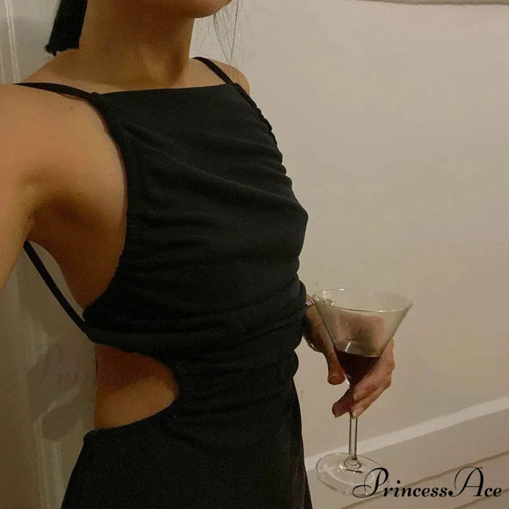 White Backless Hollow Out Bandage Spaghetti Strap Midi Dress