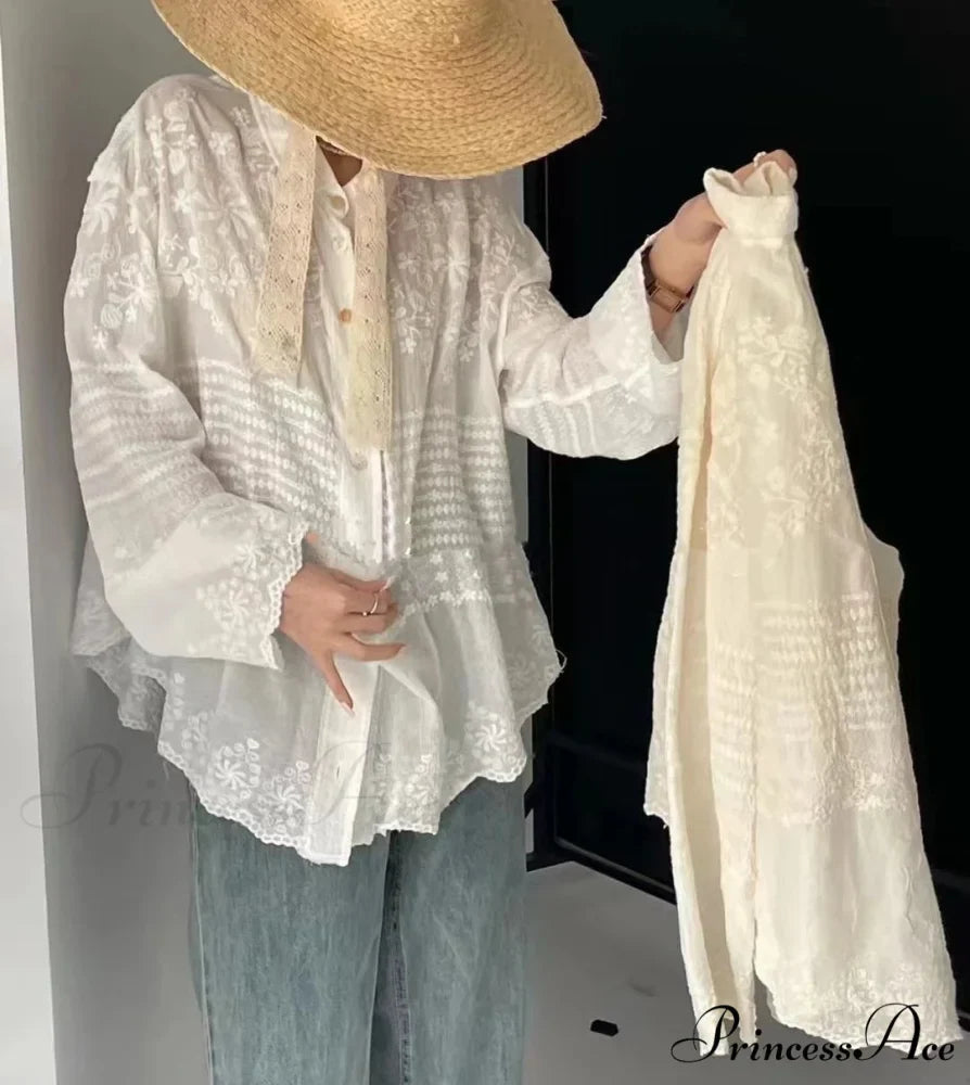 White Cotton Embroidered Lace Extended Sleeve Bohemian Seaside Blouse