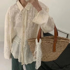White Cotton Embroidered Lace Extended Sleeve Bohemian Seaside Blouse