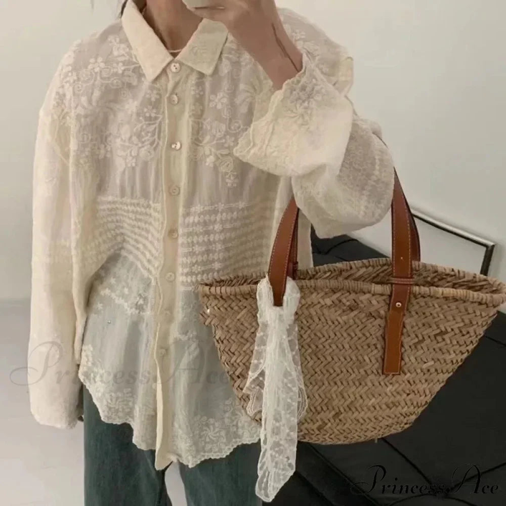 White Cotton Embroidered Lace Extended Sleeve Bohemian Seaside Blouse