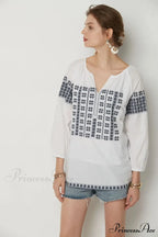 White Cotton Embroidery V-Neck Loose Pullover Boho BlouseModified Title: Ivory Cotton Stitching V-Neck Baggy Jumper Bohemian Top
