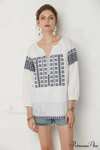 White Cotton Embroidery V-Neck Loose Pullover Boho BlouseModified Title: Ivory Cotton Stitching V-Neck Baggy Jumper Bohemian Top