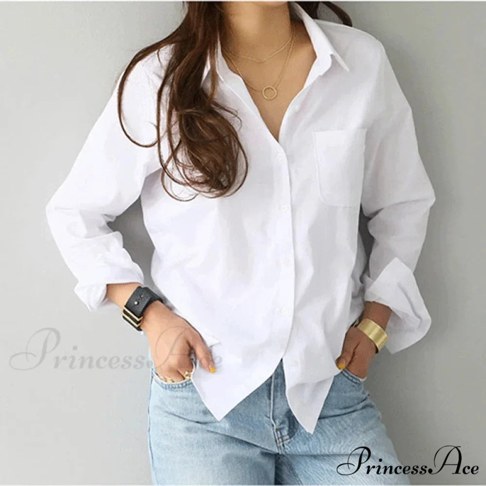 White Cotton Extended Sleeve Informal Women's Top