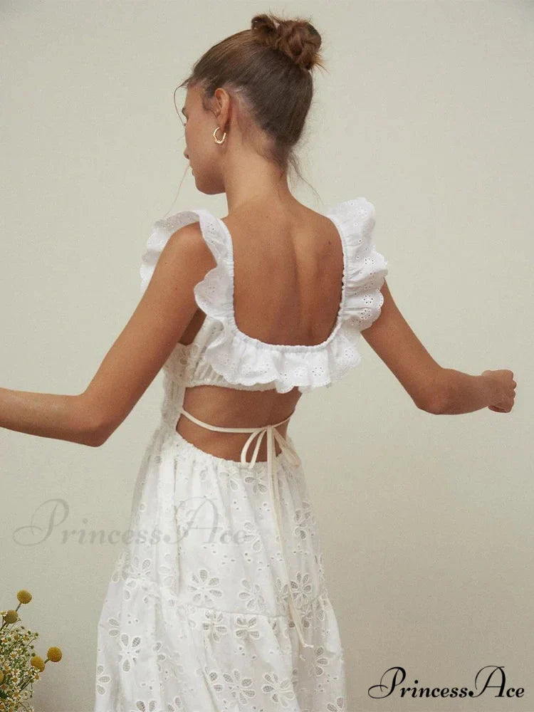 White Cotton Floral Lace Long Dress