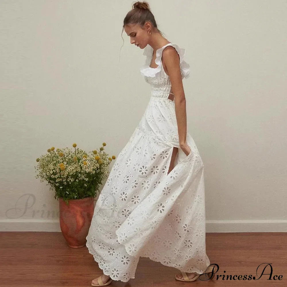 White Cotton Floral Lace Long Dress