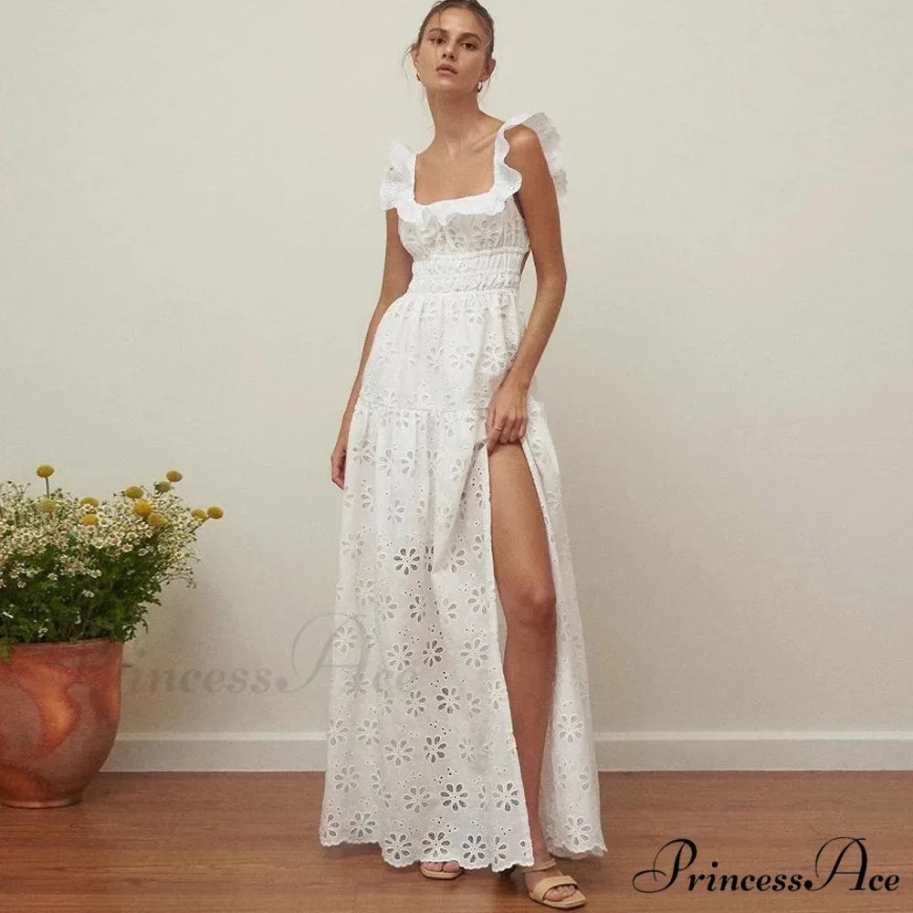 White Cotton Floral Lace Long Dress