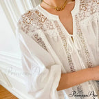 White Cotton Lace Lantern Sleeve Generous Boho Top