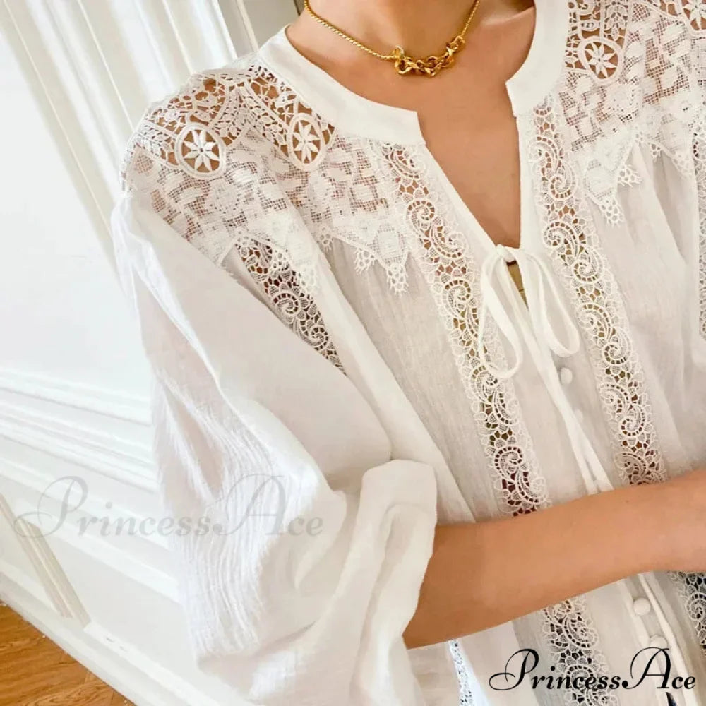 White Cotton Lace Lantern Sleeve Generous Boho Top