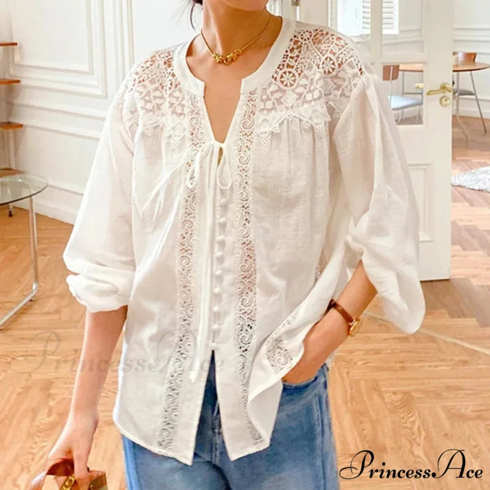 White Cotton Lace Lantern Sleeve Generous Boho Top