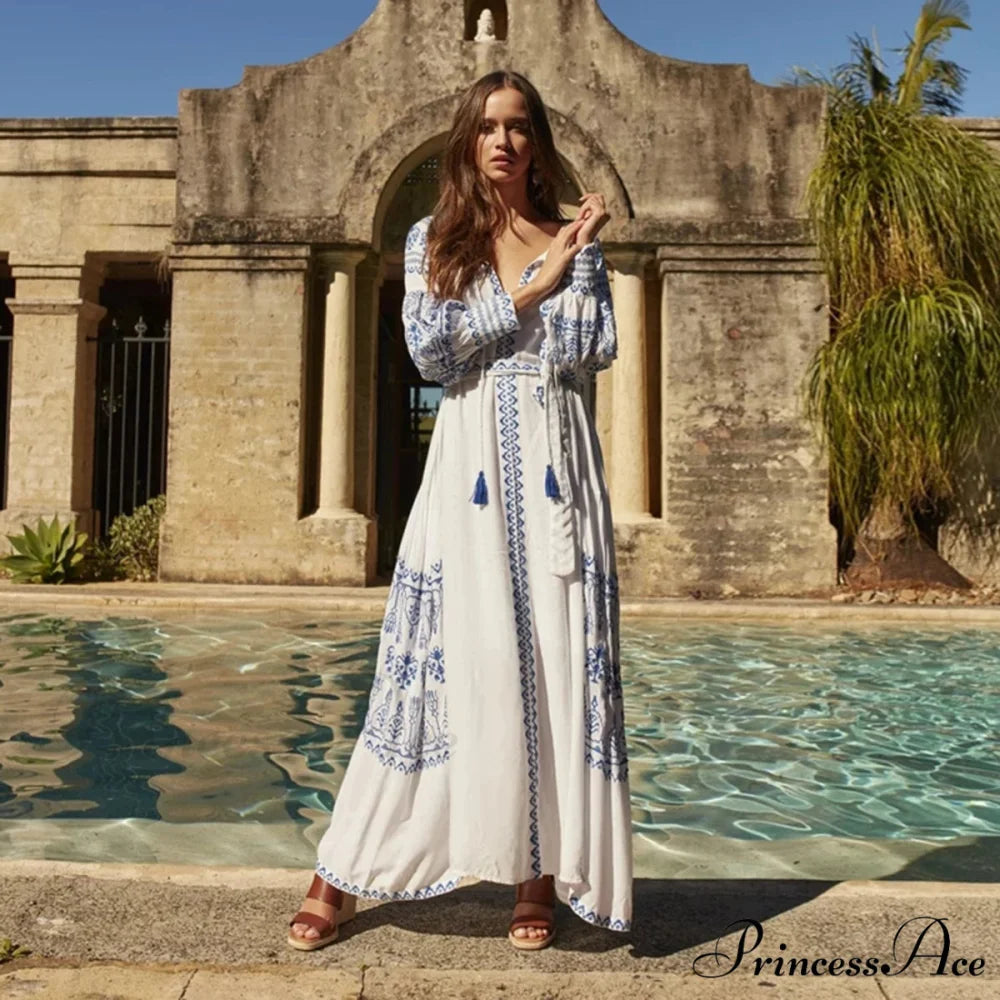 White Decorated Cotton Full-Length Dress