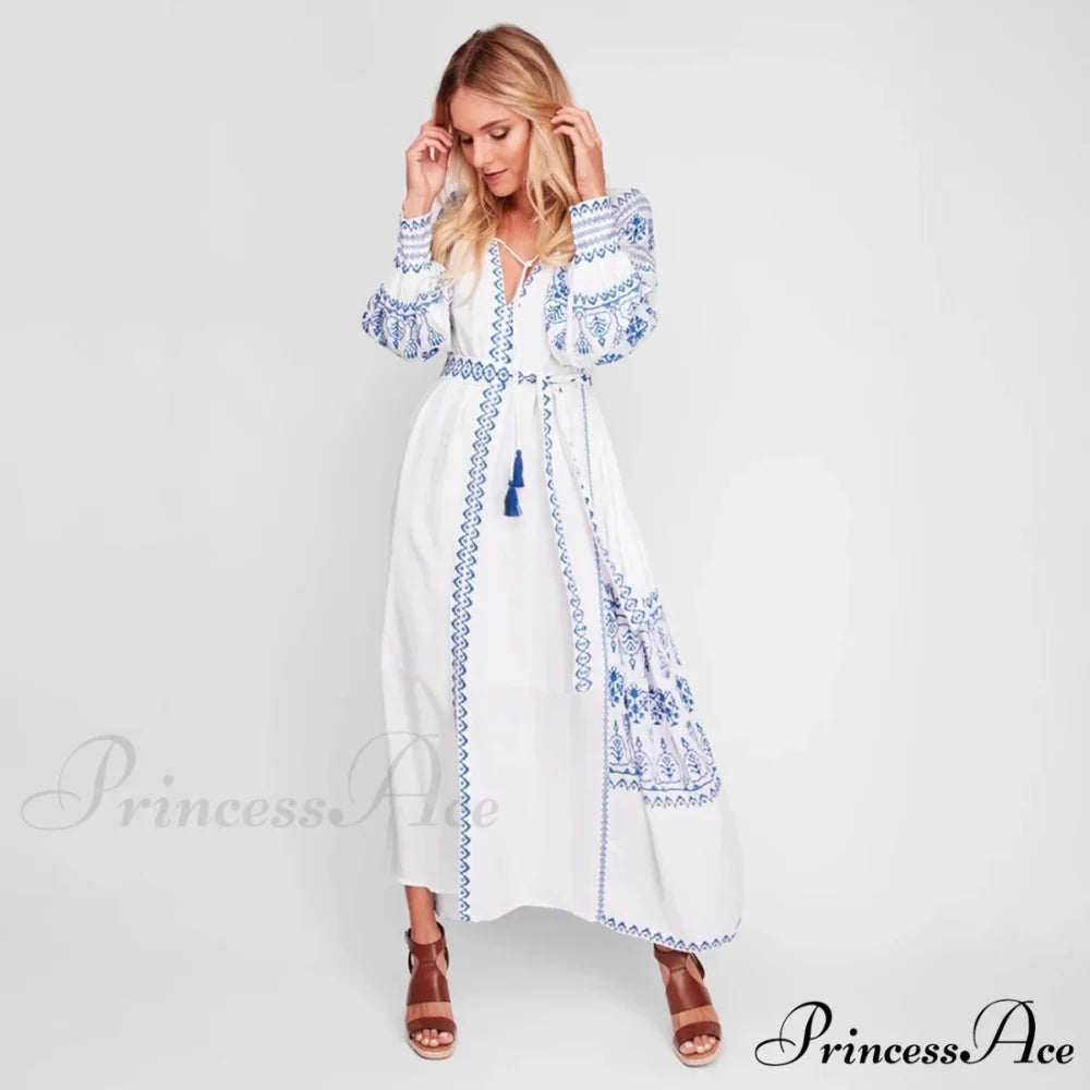 White Decorated Cotton Full-Length Dress