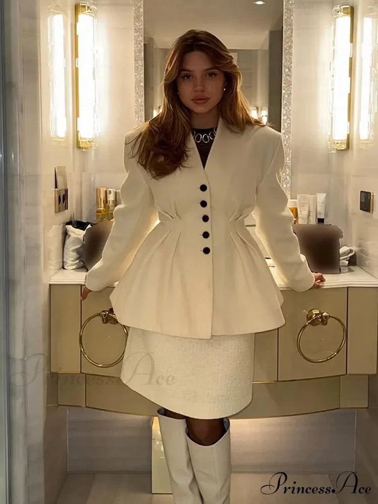 White Deep-neck Folded A-shaped Coat